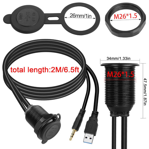 QIANRENON USB3.0 & 3.5mm Audio Threaded Fixed Embedded Car Waterproof Cable, 5Gbps TRS 3.5mm & USB3.0 Dashboard Panel
