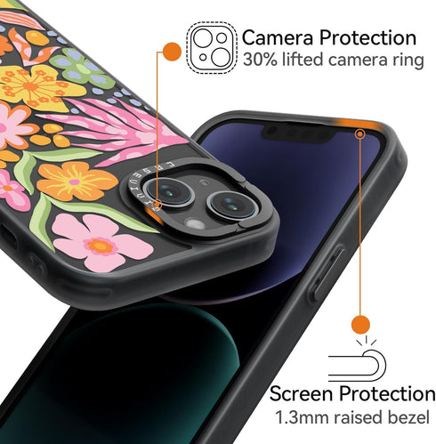 Cute Aesthetic iPhone 15 Case - Durable Girly Passion Flower Print Cover for Women, 6.1 inches, Black.