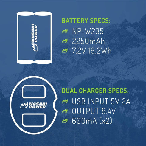 Fujifilm NP-W235 Dual Charger & Battery (2-Pack) for X-H2S, GFX 50S II, GFX 100S, X-T4, VG-XT4 Vertical Grip