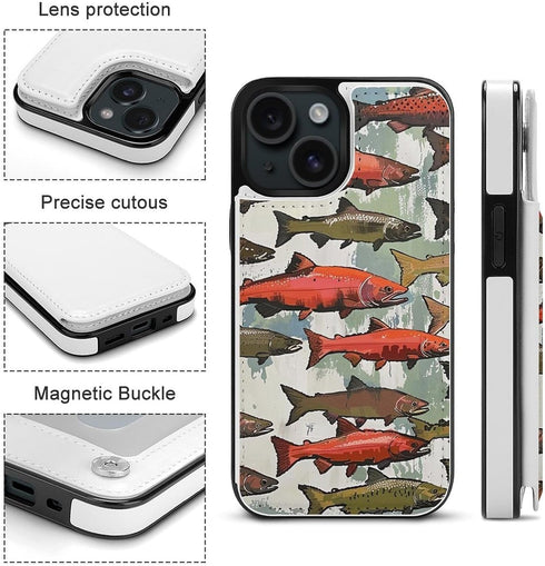ZHANLEI 15 Salmon Printed Phone Wallet Case for iPhone Case, Flip PU Leather Shockproof Phone Cases Cover with Card