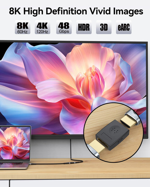 8K HDMI Coupler 2 Pack, HDMI 2.1 Female to Female Adapter HDMI Extender Connector Support 8K@60Hz 4K@120Hz 48Gbps HDR eARC for HDTV, Roku Stick, Monitor, Laptop, Xbox, PS4/PS5