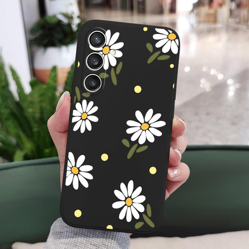 Galaxy S23 FE Case, Chrysanthemum Creative Side Print Design Soft Silicone Rugged Protective Bumper Case (Daisy Black)