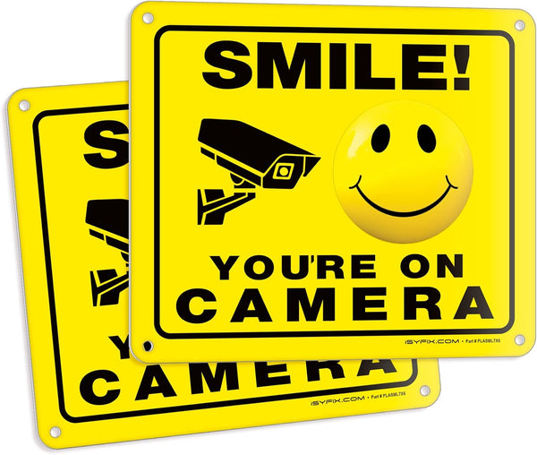 iSYFIX Smile You're on Camera Signs for Business – 2 Pack 7x6 Inch, Security Camera Sign