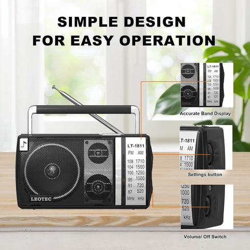 LEOTEC AM FM Portable Bluetooth Radio, Best Reception, Plug in Wall or Battery Operated, Great for Home