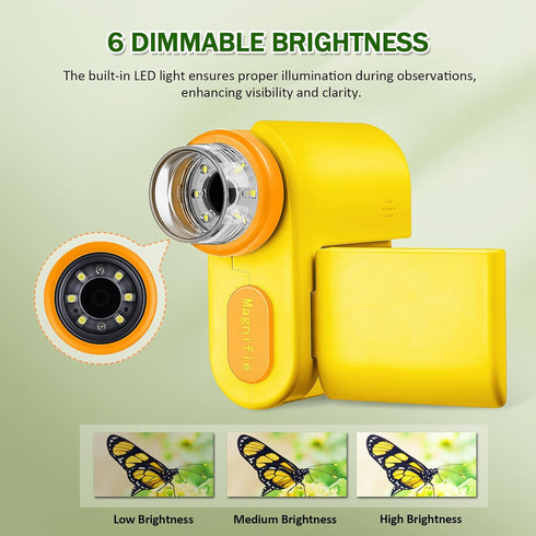 Kids Microscope, 1000X Pocket Handheld with 6 Adjustable LED Lights, 2'' LCD Screen, USB to PC, Yellow