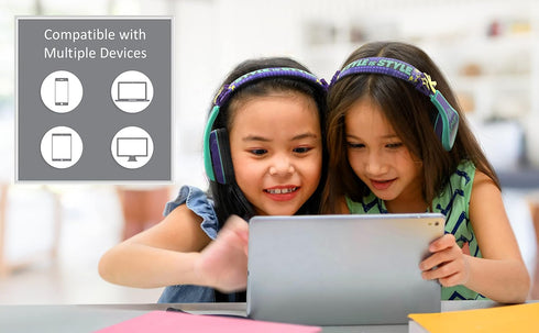 eKids Karmas World Wired Headphones for Kids, Tangle Free Stereo Headphones with Parental Volume Control, 3.5mm Jack