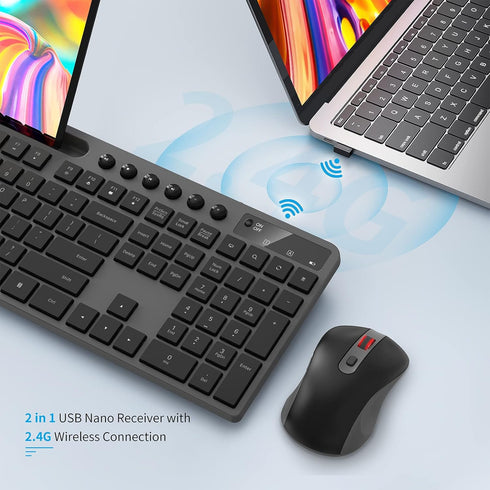 MARVO Wireless Keyboard and Mouse Combo, 2.4G Ergonomic Computer Keyboard with Phone Tablet Holder, Silent Mouse (Grey)