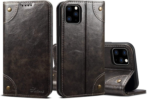 SINIANL iPhone 11 Pro Max Leather Case - Wallet Folio Case with Magnetic Closure and ID Holder, Dark Grey