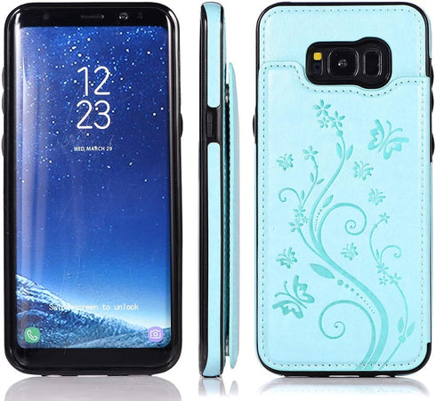Phone Case for Samsung Galaxy S8 with Tempered Glass Screen Protector, Card Holder Wallet Cover, Stand Flip Leather