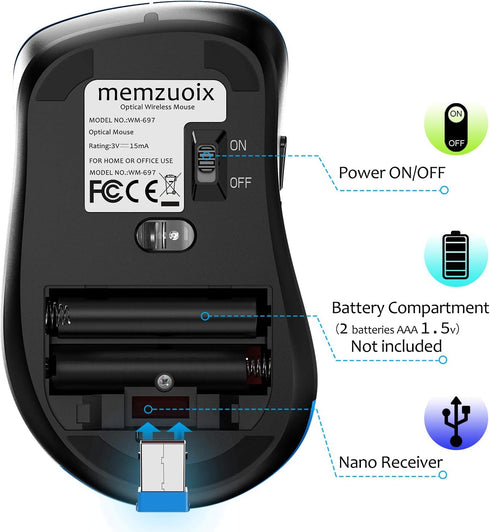 memzuoix 2.4G Portable Wireless Mouse, 1400 DPI Mobile Optical Cordless Mice with USB Receiver for Computer, Laptop,