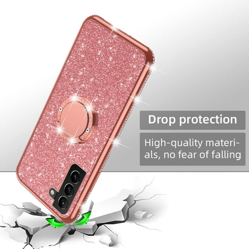 Samsung Galaxy S21 FE Case for Women, Cute Glitter Luxury TPU Silicone Slim Phone Case with Bling Diamond Ring Stand -