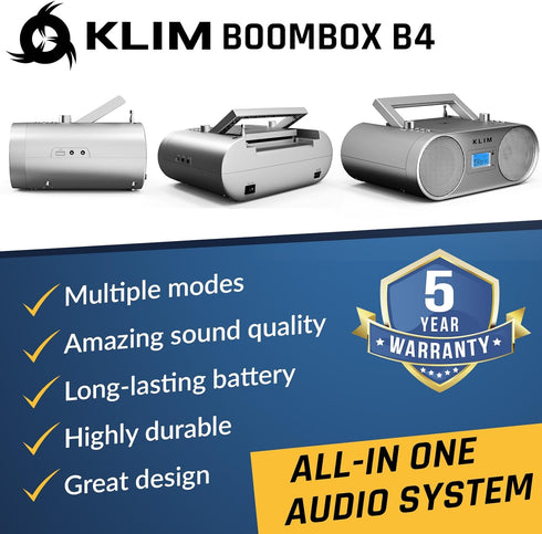 KLIM B4 MP3, Boombox CD Player Portable Audio System - AM/FM Radio with CD Player, Bluetooth, AUX, USB - Wired