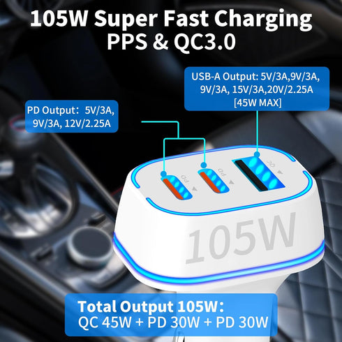 105W USB Car Charger 3-Port for Family Travel, PD 45W & QC3.0 30W Super Fast Charging for Multiple Devices
