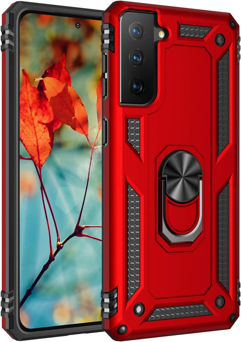 Military Grade Shockproof Case for Samsung Galaxy S21 FE, Red with 360 Metal Rotating Ring Kickstand Holder