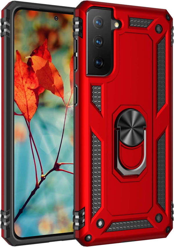 Military Grade Shockproof Case for Samsung Galaxy S21 FE, Red with 360 Metal Rotating Ring Kickstand Holder
