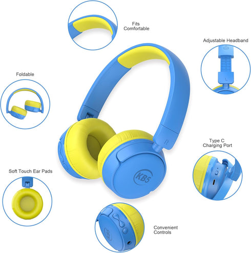 Contixo KB-5 Kids Headphones - Foldable Bluetooth Wireless Over The Ear Headphones for Kids - 85dB Volume Limited (Blue