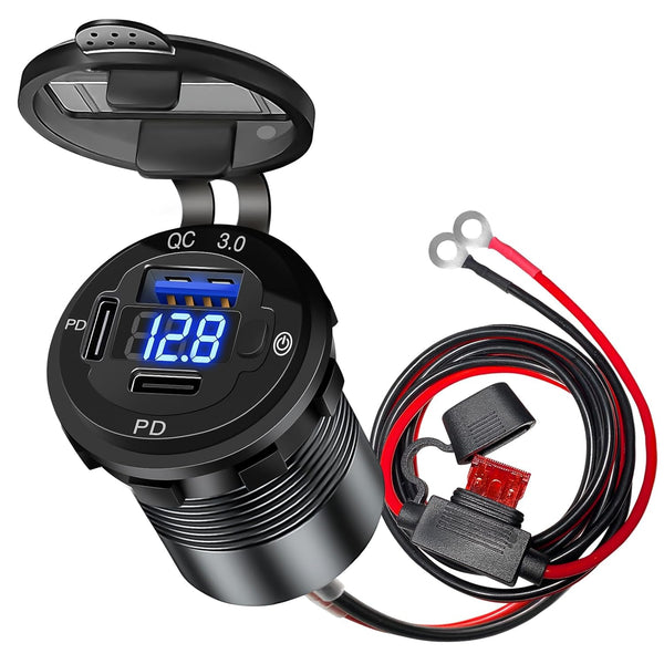 12V USB Outlet 78W, 3 Port USB C Fast Charger with Switch & Voltmeter, Waterproof Car Charger Socket for Marine RV Truck