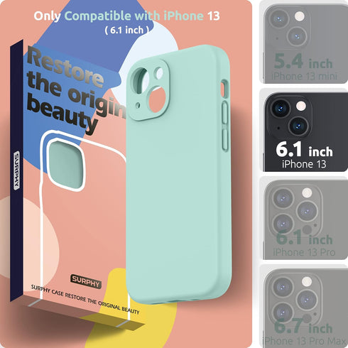 SURPHY Compatible with iPhone 13 Case with Screen Protector, (Camera Protection + Soft Microfiber Lining) Liquid Silicone Phone Case 6.1 inch 2021 (Mint Green)