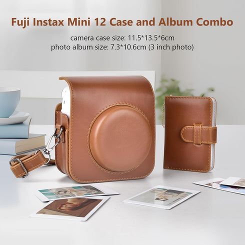 MUZIRI KINOKOO Fuji Mini 12 Case Album Combo, Compatible for Fujifilm Fuji/Polaroid Instax Mini 12 Instant Film Camera - PU Leather Carrying Case with 28 Pocket Mini Photo Album - Retro Brown