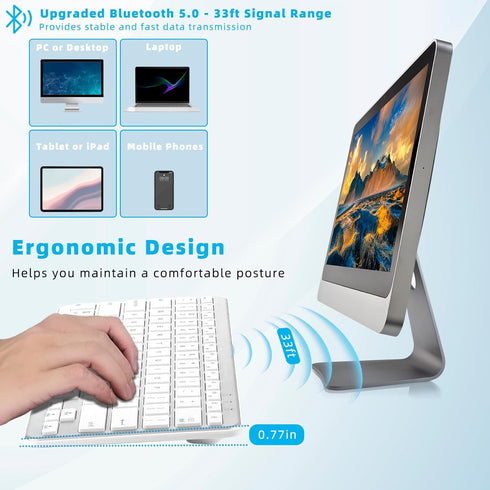 Ultra-Slim Bluetooth Keyboard, Wireless Rechargeable Ergonomic Keyboard for iPad, iOS, Android, Windows PC, White Silver