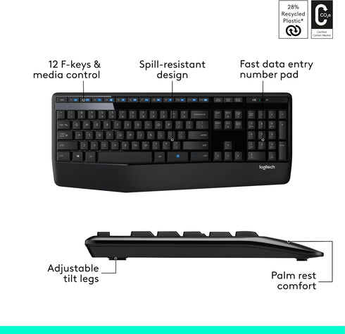 Logitech MK345 Wireless Combo, Full-Sized Keyboard with Palm Rest and Comfortable Mouse, Black