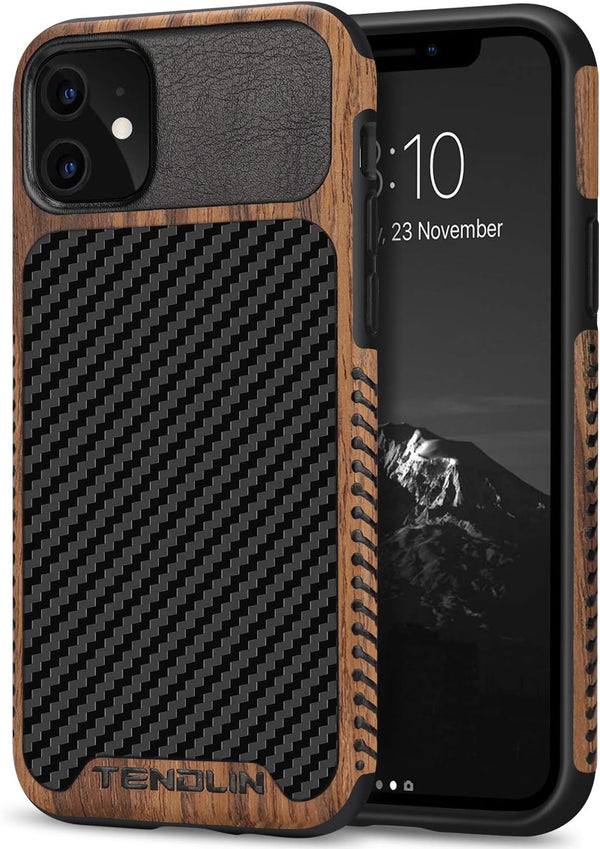 TENDLIN Black Compatible with iPhone 11 Case, Wood Grain with Carbon Fiber Texture Design Leather Hybrid