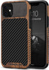 TENDLIN Black Compatible with iPhone 11 Case, Wood Grain with Carbon Fiber Texture Design Leather Hybrid
