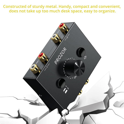 PROZOR RCA Stereo Audio Switcher, 2 in 1 Out R/L Stereo Switch, 1 in 2 Out Splitter with Mute Button, No Power Required