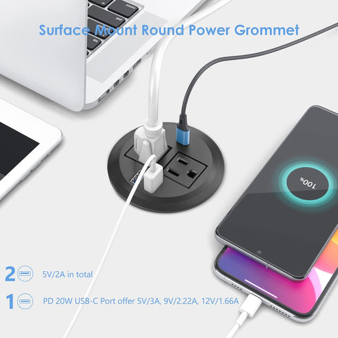 Recessed Power Grommet with AC Outlets and 20W Fast Charging USB-C Port for Desktop