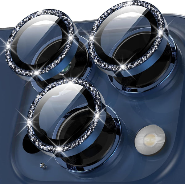 YWXTW Bling Camera Lens Protector for iPhone 15 Pro/Pro Max, Individual Metal Tempered Glass Case Friendly (Blue