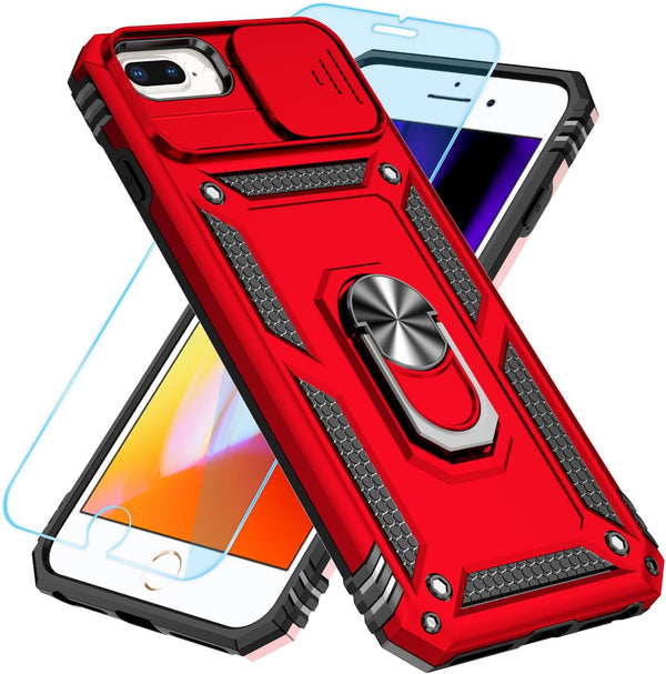 SunStory iPhone 8/7/6 Plus Case with HD Screen Protector, Slide Camera Cover & Kickstand, Military-Grade, Red