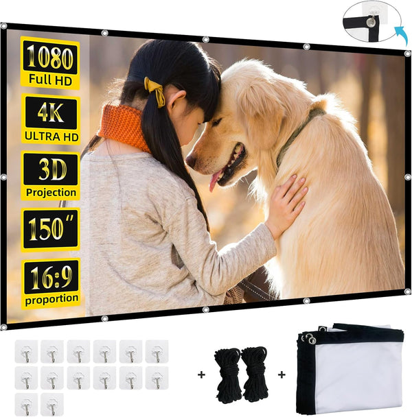 Projector Screen, XINLEMY 150-inch 4K 16:9 HD Foldable Portable Movie Screen for Indoor Outdoor Home Theater