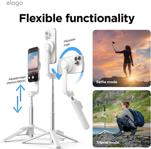 elago Magnetic Selfie Stick Tripod - White Compatible with MagSafe for iPhone and Galaxy, Portable, Lightweight,