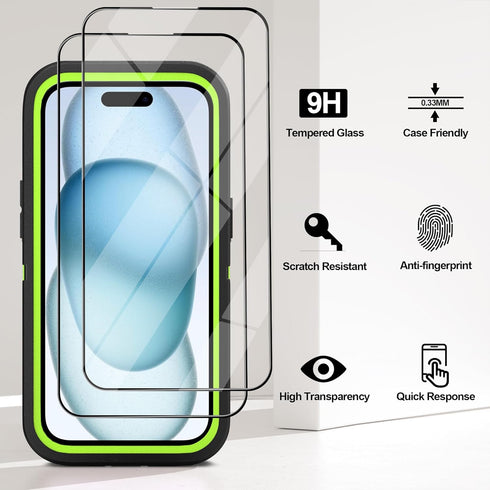 iPhone 15 Heavy Duty Case with 2 Pack Screen Protector - Rugged Military Grade Drop Protection (Black/Green)