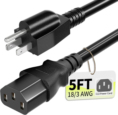 Vockjour 3 Prong AC Power Cord Cable 5ft 10 Amps 125 Volts 18AWG,
