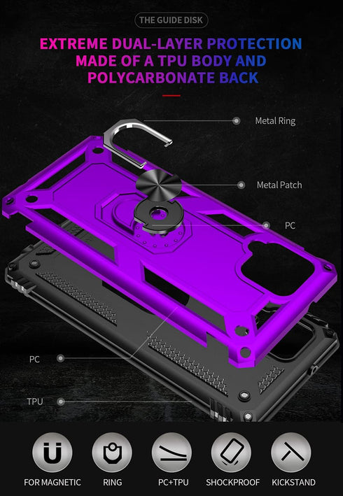 for Samsung Galaxy A42 5G Case with HD Screen Protectors, Military-Grade Metal Ring Holder Kickstand, 15ft Drop Tested