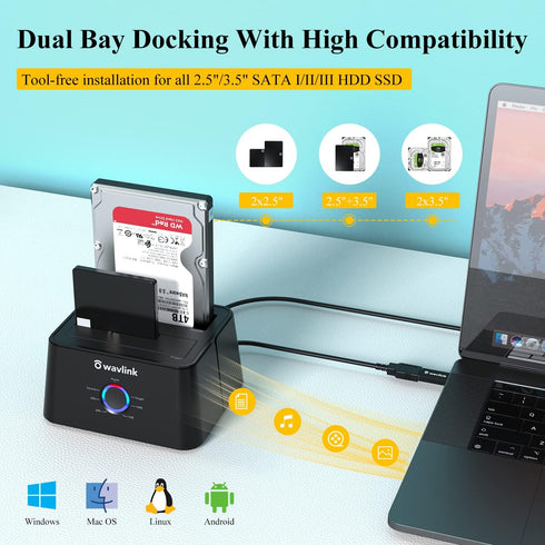 WAVLINK USB 3.0 and USB C to SATA Dual-Bay External Hard Drive Docking Station for 2.5/3.5 Inch HDD/SSD (6Gbps) - Black