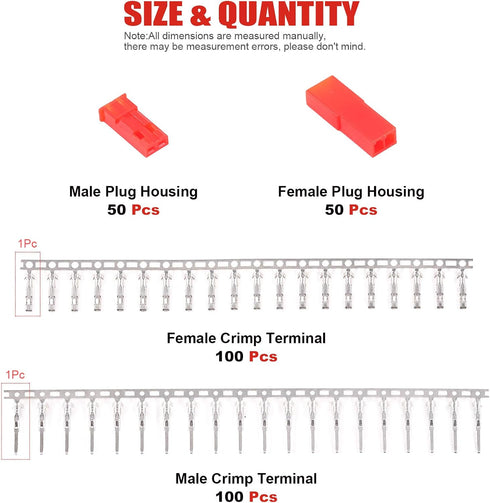Hilitchi 300Pcs (50set) 2.54mm 2-Pin Female & Male Red Plug Housing Crimp Terminal Connector Kit Compatible with JST SYP