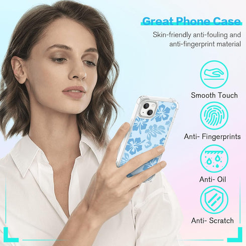 Blue Hibiscus Phone Case for iPhone 13 6.1 Inch, Shockproof TPU Clear Cute Blue Flower Design