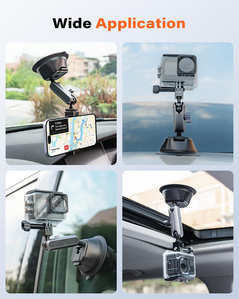 Suction Cup Mount for Gopro iPhone, Anti-Shake Metal Arm Car Camera Mount with 1/4 Thread & Phone Holder for VLOG/Video