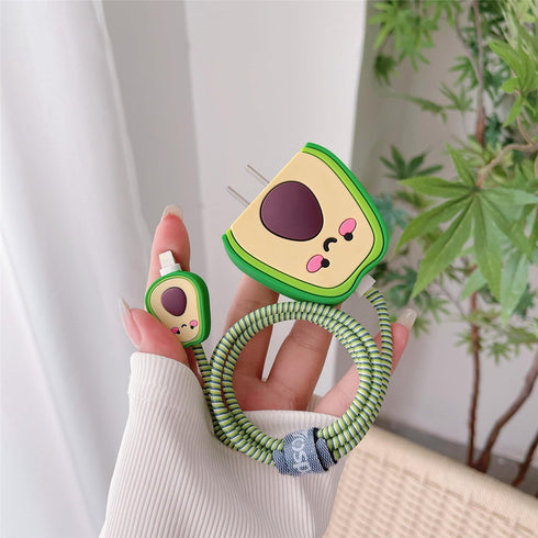 3D Cute Cartoon Charger Protector Case for Apple 20W USB-C Power Adapter and Lightning Cable (Green Avocado)