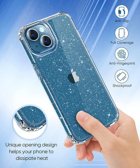 MIODIK iPhone 13 Case - Clear Glitter Shockproof Cover with Screen & Camera Lens Protectors for Women, 6.1 inch.