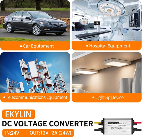 Truck DC 24v to 12v Step Down Converter, 2A 24W Power Supply Adapter for Auto, Boat, Solar