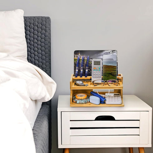 Yopay Nightstand Organizer for Men, Luxury Bamboo Phone Docking Station for Dad Husband, Charging Organizer Cell Phone