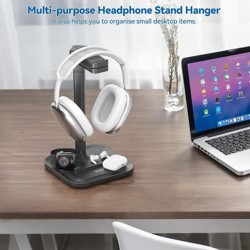 KDD Headset Dual Headphone Stand for Desk - Rotatable Hanger with Phone Holder - Removable Non-Slip Base for Gamers