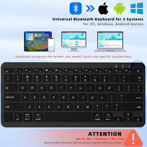 Bluetooth Keyboard, Ultra-Slim Wireless Keyboard for iPad, Rechargeable Ergonomic Computer Keyboard for iOS, Android, Windows PC Tablets Phone, Black
