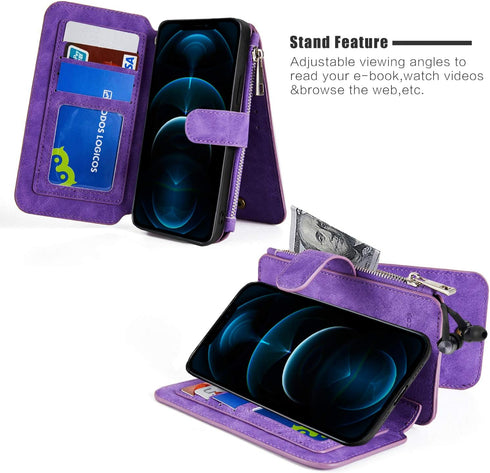 MODOS LOGICOS Detachable Wallet Folio Compatible with iPhone 12 Pro Max, Purple PU Leather Purse with Zipper Cash