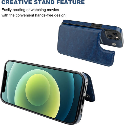 ONETOP Wallet Case for iPhone 13, PU Leather Kickstand with Card Holder, Double Magnetic Clasp, 6.1 Inch (Blue)