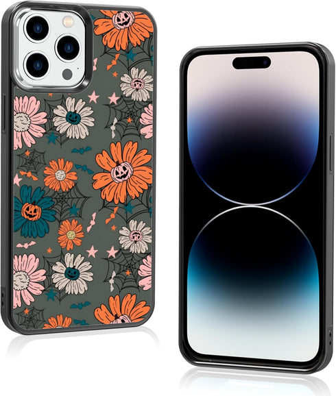 Vintage Pumpkins Head Flower iPhone 14 Pro Max Case - TPU Shockproof, Spooky Halloween Spider Web Cover for All!