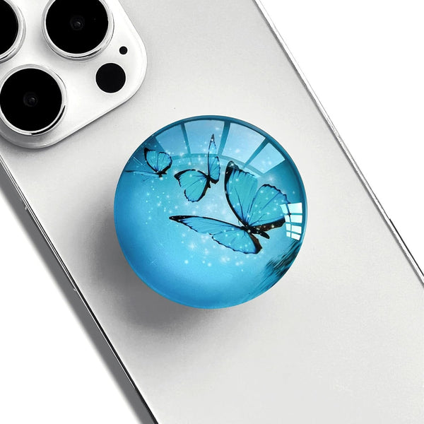 Expandible Collapsible Clear Crystal Glitter Mobile Phone Grip Stand Holder for Smartphones & Tablets (Blue Butterfly)